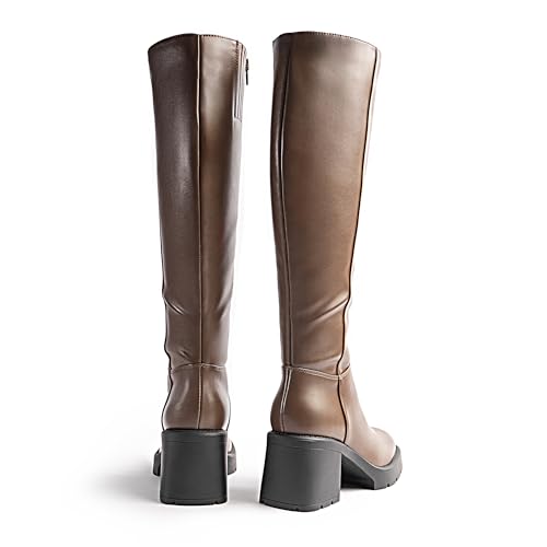 Women Platform Brown Knee High Boots with Chunky Heel, Square Toe Fashion Tall Boots with Lug Sole and Side Zipper Size 113