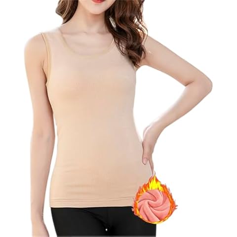 Flenwgo Womens Cotton Thermal Fleece Lined Underwear Tops Cami Tank Top Warm Base Layer Vest Khaki M/ (Fit 88~115 lb) Cover