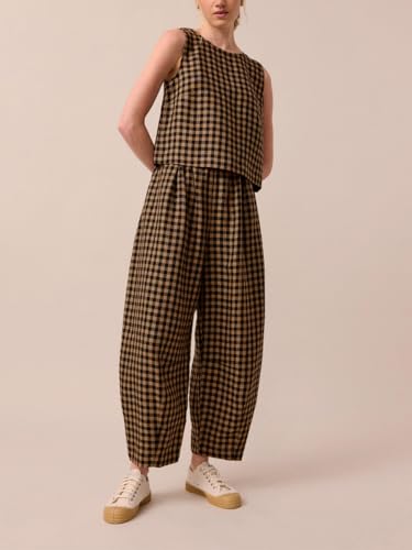 Image of Womens 2 Piece Lounge Sets Cotton Plaid Crop Top High Waisted Baggy Ankle Barrel Pants Gingham Matching Set