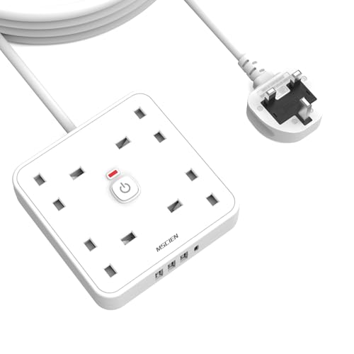 4M 4 Way Extension lead with USB Slots (3 USB-A, 1 USB-C), Mscien Extension Lead with Switches, White Wall Mountable Plug Extension Cord, Dorm, Home, Office