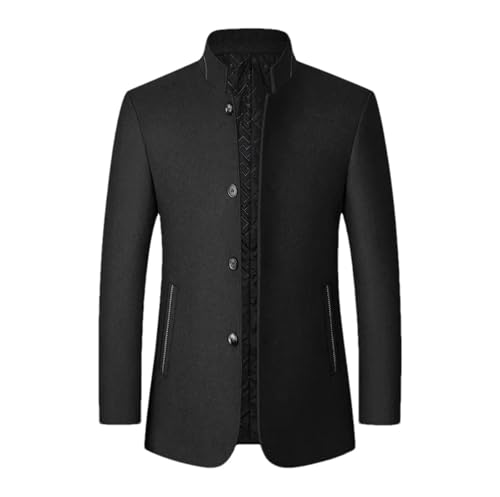 Image of Mens Winter Wool Blend Jacket Single Breasted Trench Coat Business Casual Stand Collar Slim Overcoat Black XL