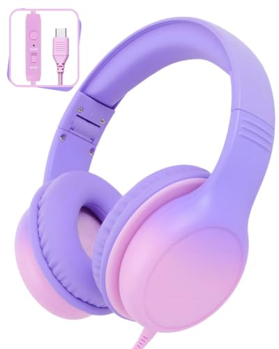 Aechorhy USB C Over Ear Kids Headphones with HD Mic Safe Volume Limited Wired Headphones for School Travel Stereo Sound Foldable Headphones for iPad Laptop PC Purple-Pink