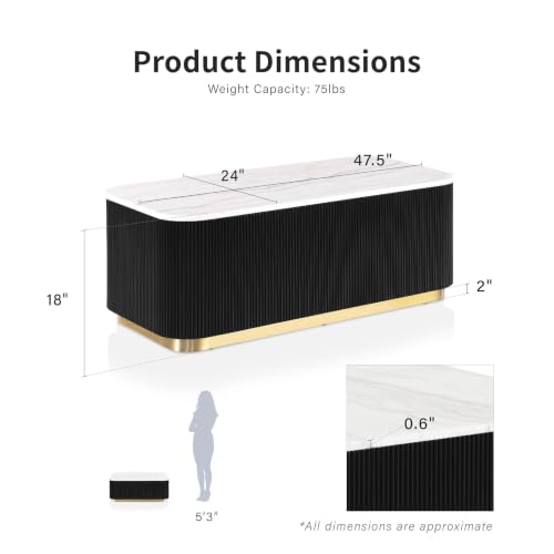 Image of Furniture of America Beryl Modern Rectangle White Genuine Marble Top Coffee Table with Fluted Pedestal Base and Gold Stainless Steel Accent, Low Profile Table for Living Room, Home Office, Black