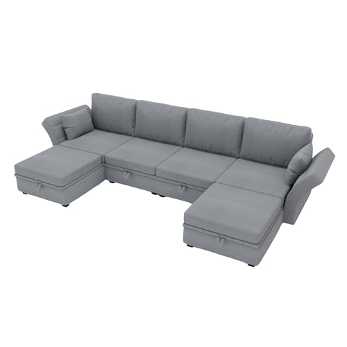 SUPPNEED Sofá seccional suave en forma de U con almacenamiento, empalme casual puede usar sofá doble, reposabrazos plegable de tela de lino, sofá reclinable extra ancho para sala de estar (gris)