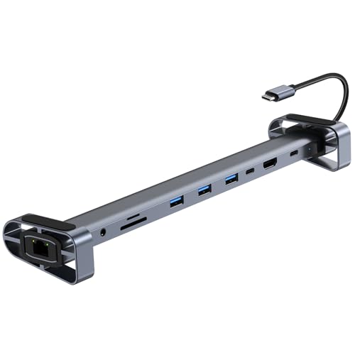 Auphonix 10-in-1 USB-C Laptop Docking Station with Adjustable Stand, 100W Power Delivery, 4K HDMI, Gigabit Ethernet, SD/TF Card Reader, 3 USB 3.0 Ports (Silver)