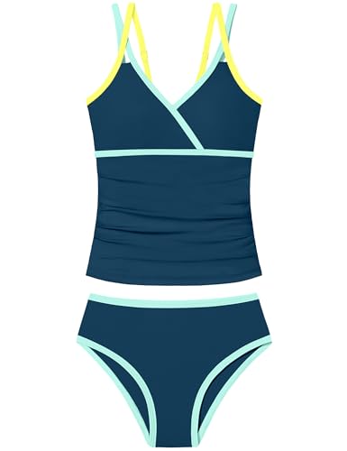 Image of Girls Swimsuit 2 Piece Bathing Suit Criss Cross Ruched Girl Tankini Sets Printed Girls' Swimwear for 9-18 Years
