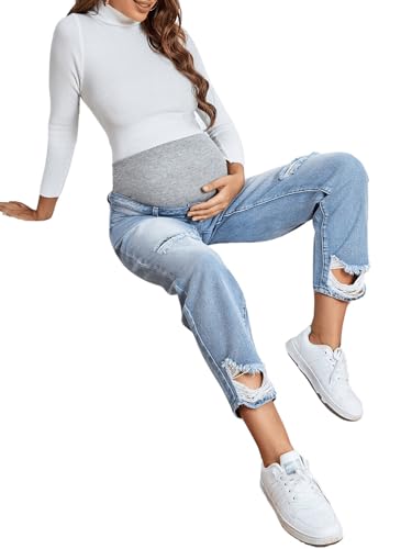 Beaudrm Women'S Maternity High Waist Denim Pants Ripped Straight Leg Jean Pants Light Wash Large thumb #5