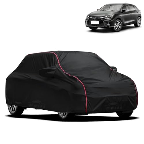 Image of Waterproof Car Cover for Toyota Glanza | All-Weather Protection, Dustproof & UV Resistant | Triple Stitched Mirror Pockets, Windproof Buckle Strap with Elastic Hem, Black-Red Piping