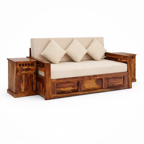 Image of SONA ART & CRAFTS Regal Sheesham Wood 3 Seater Sofa Cum Bed with Bedside | Wooden 3 Seater Sofa for Living Room Wooden Furniture Sofa Bed for Home (Natural Finish)