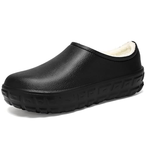 Men's Leather Slip-On Platform Chef Work Shoes Comfort Fully Fur Lined Waterproof Non Slip Soft Bottom Chef Muller Shoes for Caring Kitchen Garden Nurse Shoes (11,Black)