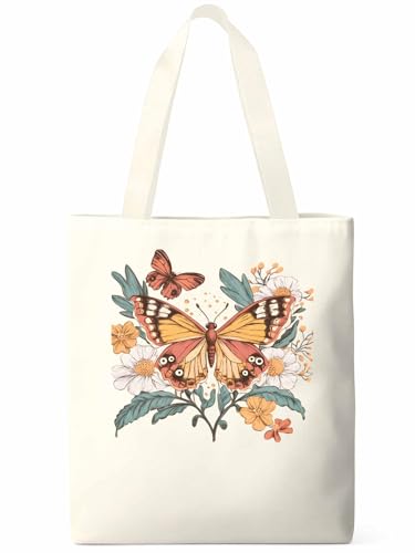 Boho Vintage Flower Butterfly Canvas Tote Bag, Aesthetic Canvas Tote Handbags for Women Shoulder Bag