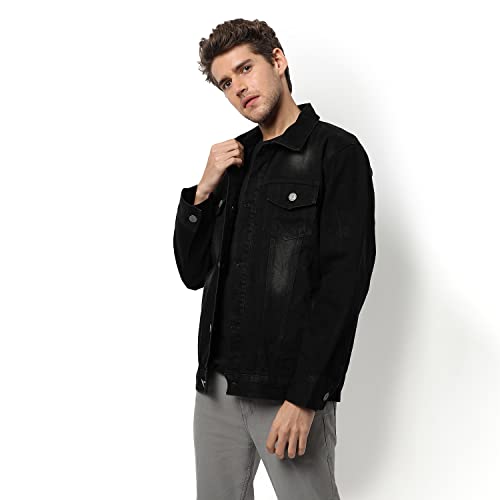 Image of Campus Sutra Men's Dark-Washed Black Regular Fit Denim Jacket For Winter Wear | Collared Neck | Full Sleeve | Buttoned | Casual Denim Jacket For Man | Western Stylish Denim Jacket For Men