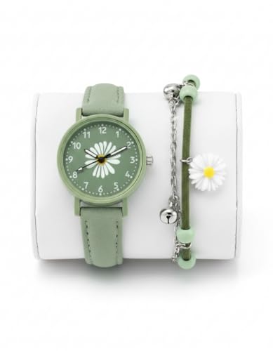 Disparatte Reloj Mujer Verde con Diseño Margarita y Pulsera a Juego – Set Reloj Analógico de Cuarzo con Correa Suave Tipo Piel, Estilo Juvenil Floral, Regalo Original para Mujer Cumpleaños Navidad Disparatte Reloj Mujer Verde con Diseño Margarita y Pulsera a Juego – Set Reloj Analógico de Cuarzo con Correa Suave Tipo Piel, Estilo Juvenil Floral, Regalo Original para Mujer Cumpleaños Navidad
