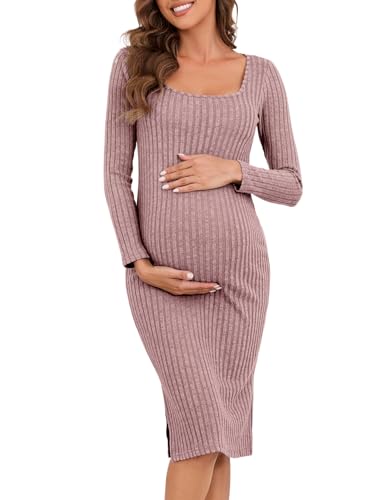 LAHILO Langärmeliges Umstandspulloverkleid für Herbst und Winter, gestrickt, gerippt, figurbetontes Kleid, Pink Khaki, Klein