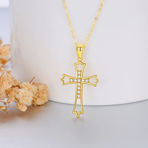 14K Gold Cross Necklace for Women, Real Yellow Gold Filigree Pommy Cross Pendant Necklace, Religion Jewelry for Girls Ladies Mom, 16"+1"+1"3