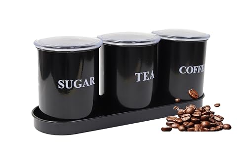 ZoeQide Juego de 3 tarros de cocina – Tarro de café hermético, azucarero y caja de té con tapa – Juego de recipientes de metal negro con bandeja, diseño retro para encimera, estante de cocina