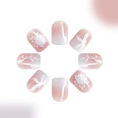 Image of Short Square Nail Press ons Pink White Fake Nails French Tip Glue on Nails with Ombre Design Glossy Reusable Artificial Acrylic Full Cover Maple Leaf Stick on Nails for Women Manicure 24Pcs
