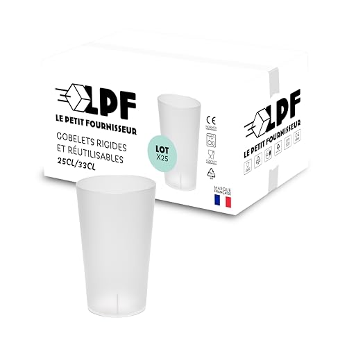 LPF LE PETIT FOURNISSEUR - Lot de 25 Gobelets réutilisables 25cl (33cl à ras-bord) - Polypropylène (PP) alimentaire rigide - Gobelets plastique durables - Compatible lave-vaisselle - Couleur Givrée