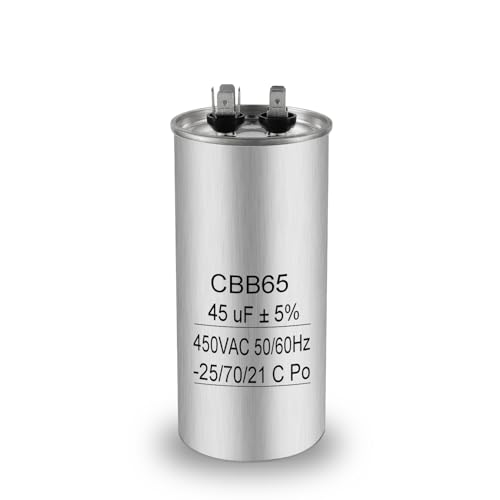 Iruihoo Condensador de motor 45 uF CBB65 450V AC 50/60Hz, 45 µF arranque y condensador de funcionamiento con auto cicatrización, carcasa de metal para aire acondicionado, refrigerador, compresor