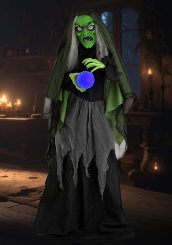 Fun Costumes 5FT Curse-Casting Witch Animatronic | Life Size Witch with Crystal Ball Halloween Decoration with Lights Sounds for Haunted House or Yard