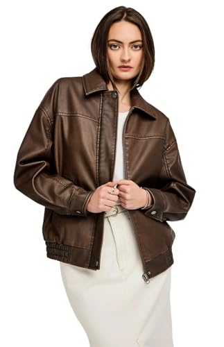 Women's Lambskin Leather Jacket – Oversized Brown Bomber with Elastic Waistband, Zip Closure & Structured Shoulders