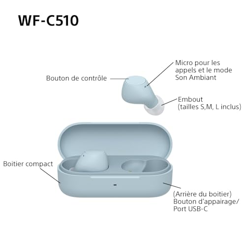 Sony WF-C510 Truly Wireless - Ecouteurs Intra-Auriculaires Bluetooth, Petits, Légers, Connexion Multipoint, Son Ambiant, IPX4, Spotify Tap, Charge Rapide, Batterie jusqu'à 22h, iOS et Android – Bleu