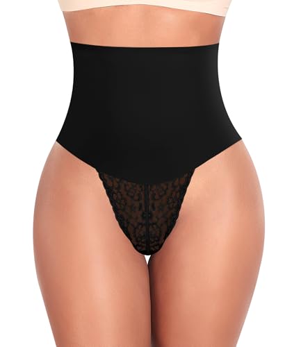 Image of Werena Tummy Control Thong Shapewear for Women Mid High Waisted Body Shaper Underwear Lace Shaping Thong Girdle Panties