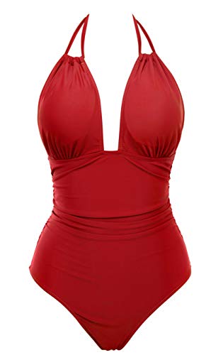 Eomenie Women's One Piece Swimsuit Tummy Control Plus Size Swimwear Halter Bathing Suit Red