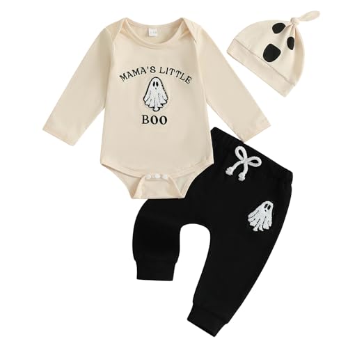 Image of Lamuusaa Newborn Baby Boy Halloween Outfit Mama's Little Boo Romper Ghost Embroidery Long Pants Hat 3Pcs Clothes Set
