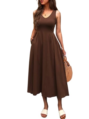Women Summer Sleeveless Casual Dresses Pleated Waist Elegant Midi A-Line Flowy Swing Dress Sundress with Pockets
