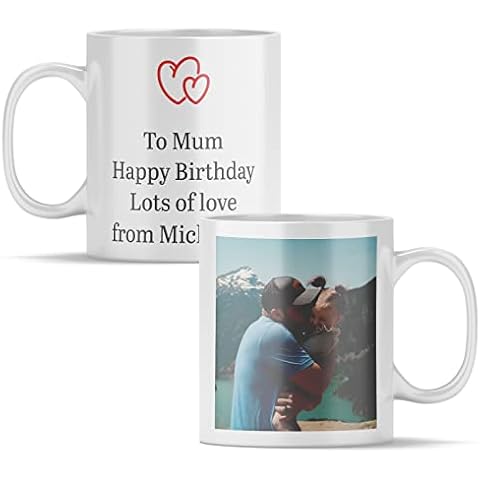 Personalised Mug with Photo and Text - Upload Your Photo and up to 4 Lines of Text with a Heart Icon (11oz) Upload Your Own Photo with A Personal Message Cover