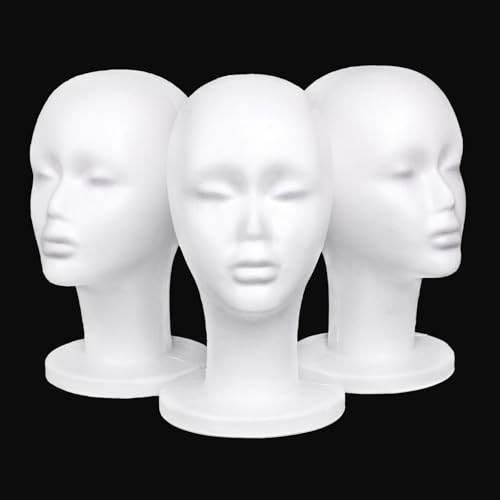Samtress Foam Wig Head 3 PCS Female Styrofoam Mannequin Hairpieces Stand Holder Cosmetics Model Head Wig Display for Style,Model, Display Hair, Hats, Hairpieces, Mask ,for Home,Salon and Travel (#Bai)