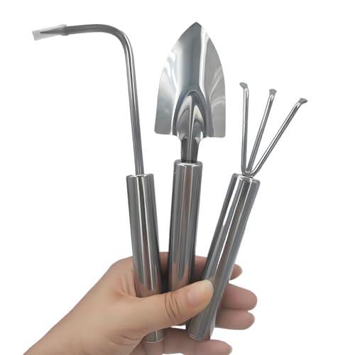 3 Pcs Stainless Steel Mini Garden Tools Set Small Tiny Shovel Trowel Root Extractor Hand Rake Indoor...