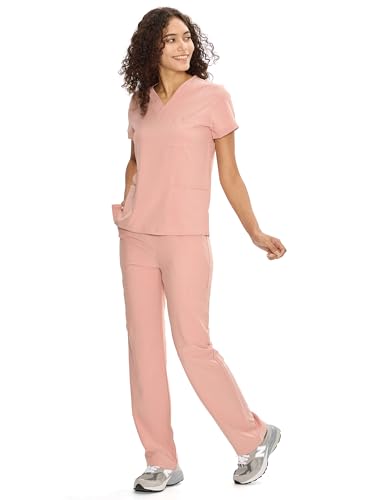 COZYFIT Scrubs for Women Set Medical Uniform - V-Neck Top & Straight Leg Pants with 9 Pockets, Wrinkle-Resistant Unisex Workwear, Pink, 2XL - 9