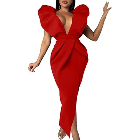 Memoriesea Women's Sexy Deep V Neck Puff Sleeve Side Split Ruched Backless Gown Dress, Red, X-Large Cover