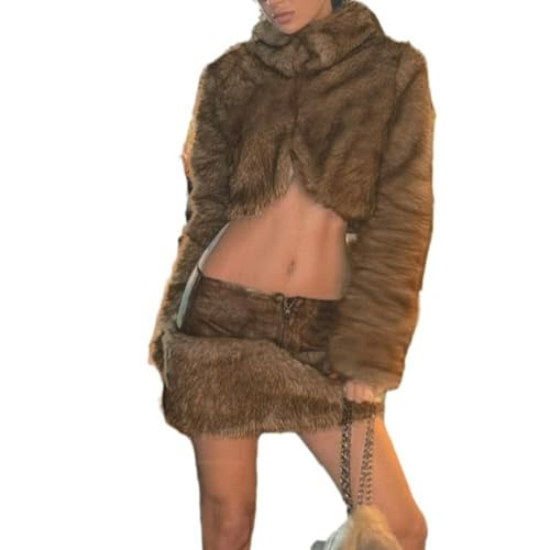 Brown Faux Fur Skirt Elastic Waist Zipper Front High Waist Slim Fit Elegant Winter Streetwear Mini Skirt