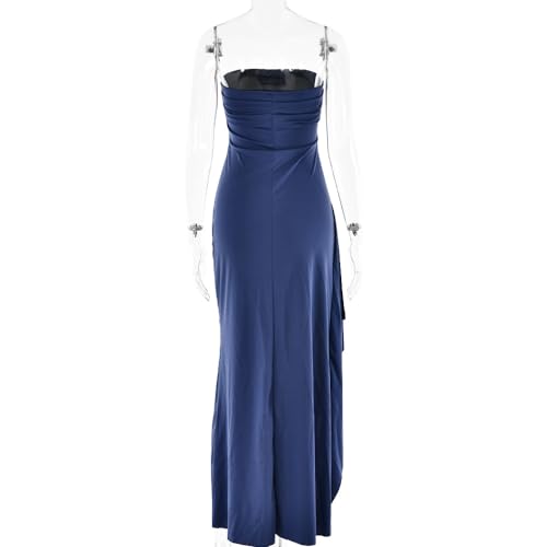 Image of Women's Off Shoulder Backless Ruched Bodycon Dress Sexy Strapless High Split Long Maxi Dresses for Party Cocktail