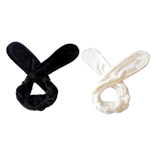 Beaupretty 2pcs Bunny Ears Headbands Makeup Washing Face Headbands Flexible Elastic Facial Hair Bands Headwraps for Women Shower SPA Yoga (Black, White)