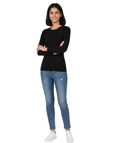 Image of HELGA Ivano Women's Organic Cotton Full Sleeve T-Shirt | Super Combed Cotton Rich | Plain Round Neck | Soft, Breathable, Eco-Friendly Casual Top for Everyday Wear