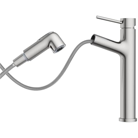 HURRAN Bathroom Faucet Brushed Nickel, Single Handle Faucet, Pull-Out Basin Faucet with 2 Spout Patterns, High Level Basin Faucet with Pop-up Sink Drain Stopper, Stainless Steel Cover