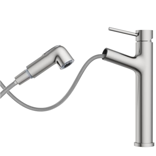 HURRAN Grifo Lavabo, Grifo Lavabo Alto, Grifos para Lavabos de Baño Extraíble con 2 Modos de Caño, Grifo Baño Monomando de Acero Inoxidable, Níquel Cepillado