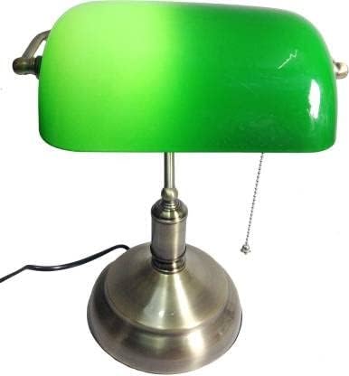 Image of HDC Premium Banker Lamp Antique Style Emerald Green Glass Desk Light Fixture Metal Beaded Pull Cord Switch Attached Golden Shade Attractive Table Lamp for Bedroom, Office Library Study Room