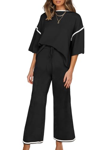 SHEWIN Two 2 Piece Sets for Women 2025 Crewneck Short Sleeve Pullover Sweater Tops And High Waisted Pants Trendy Tracksuit Matching Set Womens Clothing Black XXL