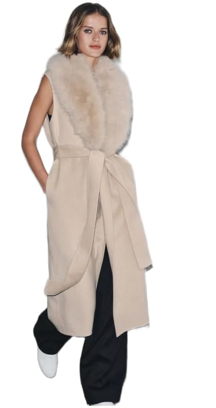 Patakadevi | Sleeveless Longline Vest For Women | For Business Trip And Evening Commute | Beige Wool Blend Outerwear | Removable Faux Fur Collar Winter Coat