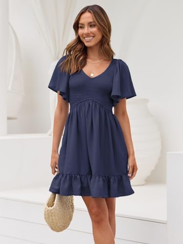 Image of LILLUSORY Women's Flowy Casual Mini Dresses 2026 Summer Graduation Smocked V Neck Vacation Dress Dress with Pockets