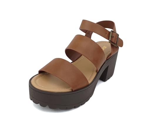 Image of Soda ACCOUNT ~ Women Open Toe Two Bands Lug sole Fashion Block Heel Sandals with Adjustable Ankle Strap