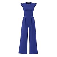 PRETTYGARDEN Summer Jumpsuits for Women Dressy 2025 Casual Ruffle Cap Sleeves Romper Crew Neck Rib Knit One Piece Outfits (Royal Blue,Medium)