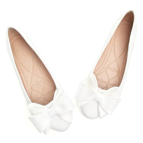 WENJIAZHIZHI Women's Round Toe Bow-Knot Flats Solid Color Slip-ons Cute Comfortable Ballerina Shoes White Size 9.53