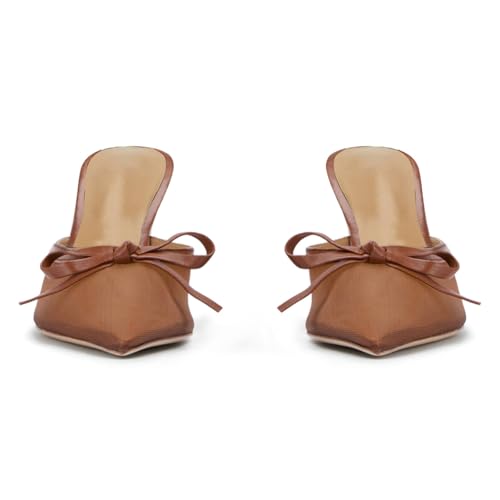 Uniquelly Kitten Heels for Women Closed Toe Stiletto Heels Bow Mesh Pointed Toe Mules Sexy Dressy Slip On Party Wedding Pumps Dress Shoes4