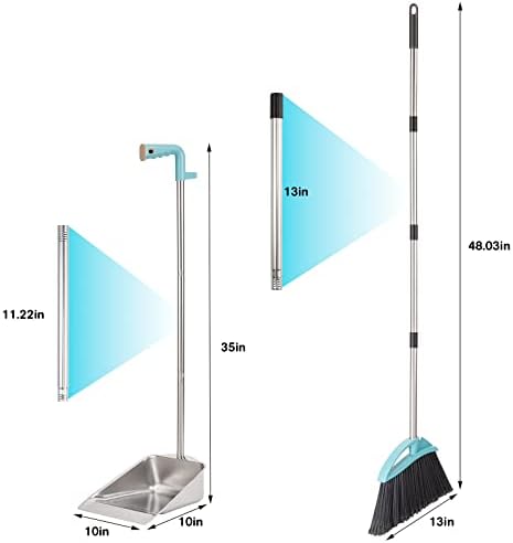 Long Handled Dustpan and Brush Set, Yangbaga Heavy Duty Dustpan and Brush Sets Mental with Adjustable Long Handle for Indoor and Outdoor, Great for Household Cleaning and Sweeping Blue
